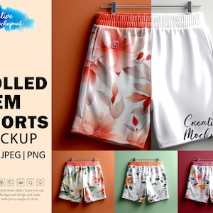 Op de afbeelding: Mockup van shorts met gerolde zoom, met een bloemenprint aan de linkerkant en een effen witte kant aan de rechterkant. De shorts hangen aan een kledinghanger. De afbeelding toont ook drie extra mockups van de shorts met verschillende bloemenprints.