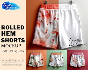 Rolled Hem Shorts Mockup | Shorts Mock Up | Change Background, Add Your Own Design Via Photoshop Smart PSD Object, Canva PNG & JPG