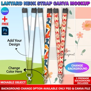 May include: Mockup of a lanyard neck strap with a customizable design. The lanyard is shown in three different designs: a green and white landscape, a red and orange abstract pattern, and a red and white floral pattern. The background is a tiled wall with flowers.
