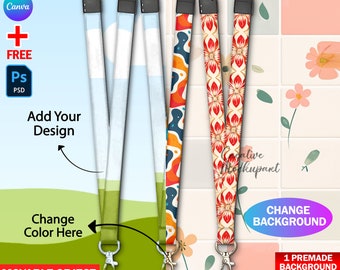 Canva Lanyard Neck Strap Mockup For Sublimation, Neck Lanyard Mockup Insert Your Design & Background Via Smart Canva Frame And Photoshop PSD