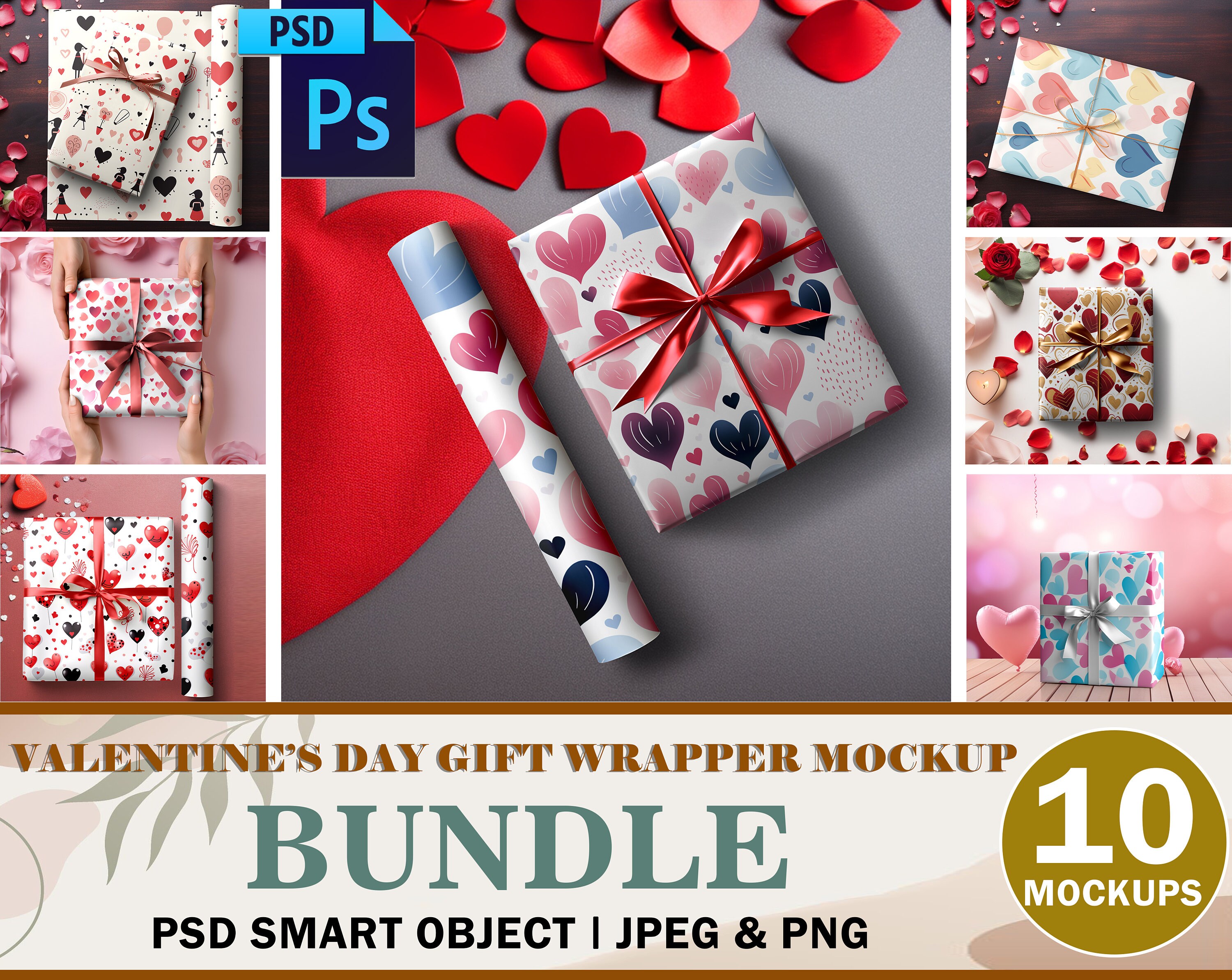 10 Valentine's Day Gift Wrapper Mockup Bundle, Wrapped Present Mockup, Wrapping Paper Mock up, Insert Background, Design Via Smart PSD