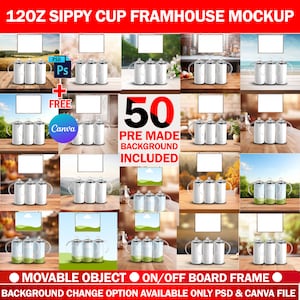 Puede incluir: Maqueta de un vaso con boquilla de 12 onzas con temática de granja. El vaso es blanco y tiene una tapa transparente. La imagen incluye 50 fondos prediseñados que se pueden utilizar para personalizar la maqueta. El texto "120Z SIPPY CUP FRAMHOUSE MOCKUP" está en la parte superior de la imagen. El texto "50 PRE MADE BACKGROUND INCLUDED" está en el centro de la imagen. El texto "MOVABLE OBJECT ON/OFF BOARD FRAME BACKGROUND CHANGE OPTION AVAILABLE ONLY PSD & CANVA FILE" está en la parte inferior de la imagen.