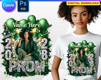 Prom Shirt Design, Green And Silver DTF T-Shirt Design Template, 16x20 Inch Editable Prom T-Shirt Canva File Perfect For DTF & Sublimation