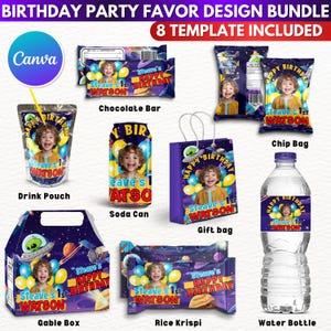May include: A set of 8 printable birthday party favor designs featuring a space theme with a child's photo in a circle. The designs include a drink pouch, soda can, chip bag, gable box, gift bag, chocolate bar, rice krispies box, and water bottle.