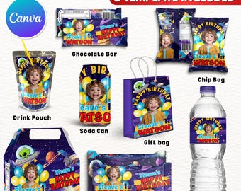 8x Birthday Treat Packaging Bundle, Space Theme Happy Birthday Treat, Custom Astronaut Treats, Canva Editable Custom Water Labels, Chip Bag