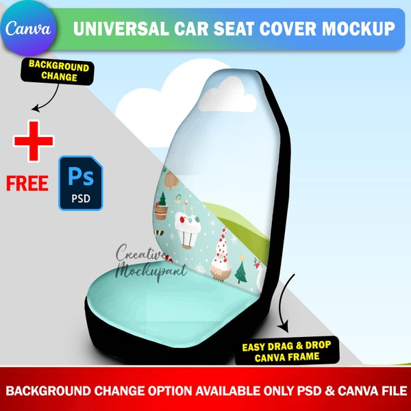 Dye Sublimation Canva Universal Car Seat Cover Mockup, Insert Design & Background Via Smart Canva Frame And Photoshop PSD