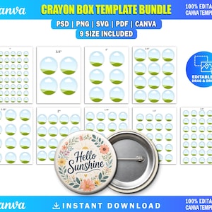 9x Button Pin Template Bundle, Editable Canva Frames, Blank Pinback Button Templates, Circle Badge Design, Drag & Drop  1” to 3.5” Template
