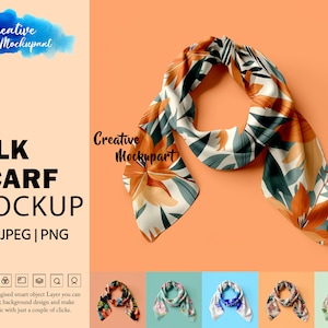 シルクスカーフのモックアップ | ラップされたシルクスカーフのモックアップ Vol3 | 昇華染色、背景の変更、Photoshop PSD、Canva PNG および Jpg によるデザインの追加
