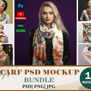 Op de afbeelding: Een bundel van 19 sjaal PSD mockups voor ontwerpers. De mockups tonen verschillende stijlen sjaals, waaronder bloemen, geometrische en abstracte patronen. De mockups zijn beschikbaar in PSD, PNG en JPG formaten.