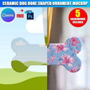 Pode incluir: Uma maquete de ornamento de osso de cachorro de cerâmica com um padrão floral sobre um fundo azul. O ornamento está pendurado em uma corda e está na frente de um fundo desfocado. O texto "5 Background Included" está em vermelho sobre um fundo branco.