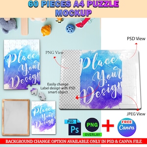 Dye Sublimation 60 Piece Puzzle Mockup, Jigsaw Puzzle Template, Insert Your Own Design & Background Via Smart Canva Frame And Photoshop PSD