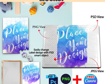 May include: A mockup of a 60-piece A4 puzzle with a watercolor design. The puzzle is shown in both a PSD and PNG view. The text "Place Your Design" is written on the puzzle. The mockup includes a free Canva option.