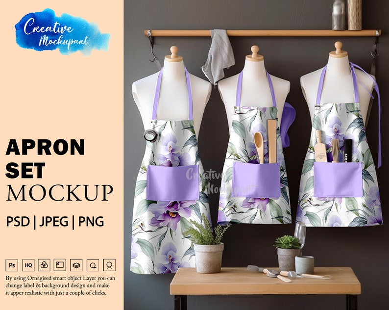 Apron Set of 3 Mockup | Apron Mockup, Blank White Apron Mockup in ...