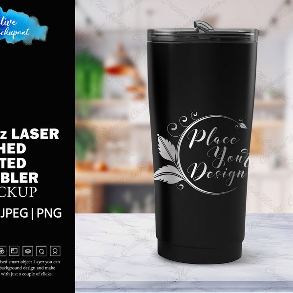 30oz Laser Etched Coated Tumbler Mockup | Change Background, Add Your Own Design Via Photoshop Smart PSD Object Layer, Canva PNG & JPG