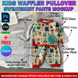 May include: A white and red waffle knit pullover and pants set for kids. The set features a colorful pattern with cats, toys, and other playful designs. The set is a mockup for a design template.