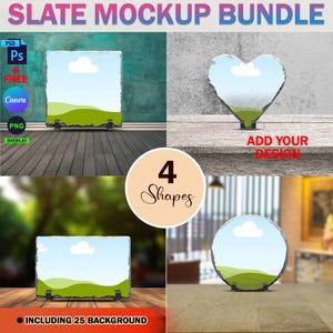 Op de afbeelding: Een mockup-bundel met vier leisteenvormen om ontwerpen te tonen. De vormen omvatten een vierkant, een hart, een rechthoek en een cirkel. Elke vorm heeft een groen en blauw landschapsontwerp met een witte wolk. De tekst "4 Shapes" en "ADD YOUR DESIGN" is zichtbaar in de afbeelding. De afbeelding bevat ook de tekst "INCLUDING 25 BACKGROUND".