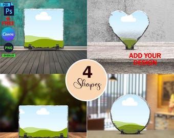 Slate Mockup Bundle, Square, Heart, Round, Rectangle Shape Dye Sublimation Slate Mockup, Add Your Background & Design Via PSD And Canva