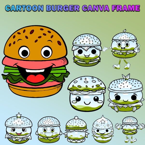 DIY Custom Cartoon Burger Design on CANVA, Make Your Own Cartoon Burger Canva Frame Bundle, Easy Drag & Drop Playful Fast Food PNG Svg Maker