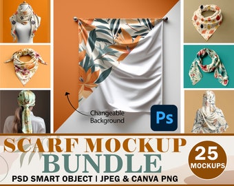 May include: A set of 25 scarf mockups featuring various floral patterns and designs. The mockups are presented on a white background with a changeable background option. The text "SCARF MOCKUP BUNDLE" is displayed in large, bold letters. The text "PSD SMART OBJECT | JPEG & CANVA PNG" is displayed below the bundle title. The text "25 MOCKUPS" is displayed in a circle with a brown background.