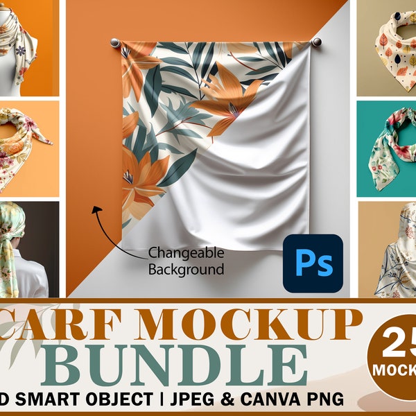 25 Scarf Mockup Bundle | Silk Scarf PSD Mockup, Wrapped Scarf, Flat Lay Scarf Mockup, Insert  Design Via Photoshop Smart PSD, Canva PNG Jpg