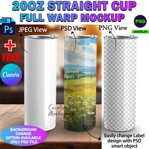 Dye Sublimation 20oz Straight Cup Tumbler Full Wrap Mockup, 20oz Skinny Tumbler Mockup, Insert Design & Background Via PSD, PNG, Canva Frame