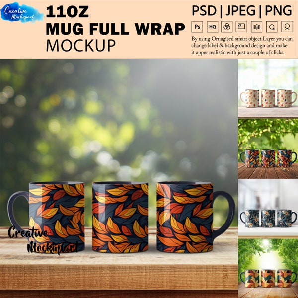 11oz Mug Full Wrap Mockup | 11oz Coffee Mug Mockup | 3 Mug Mockup | Mug Overlay Mockup | Insert Design Via Photoshop Smart PSD, PNG & JPG