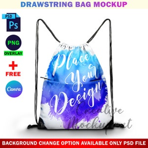 May include: A white drawstring bag mockup with a blue and purple watercolor design. The bag has black drawstrings and a small pocket on the front. The text "Place Your Design" is written in white on the bag.
