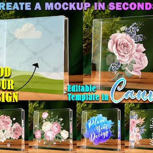 Canva Frame 8&quot; Square Acrylic Plaque Mockup for Dye Sublimation/Vinyl | Personalize Via Canva, PNG & JPG - Drag and Drop to Add Your Design!