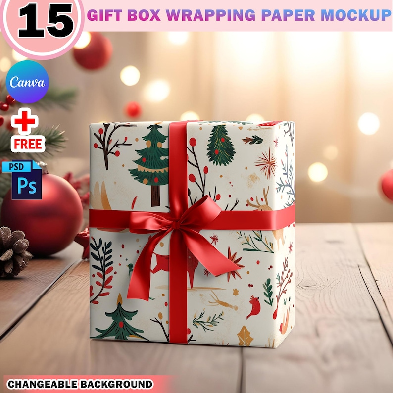 Canva 15x Gift Box & Wrapping Paper Mockup Bundle, Insert Design