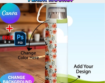 Maqueta de termo al vacío Canva de 500 ml con tapa transparente, maqueta de vaso tipo bala, agregar diseño y fondo, marco de Canva y PSD