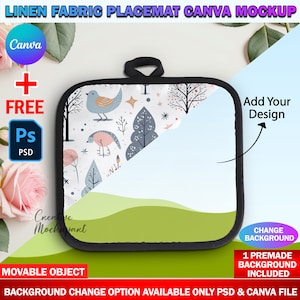 May include: A mockup of a linen fabric placemat with a black border and a hanging loop. The placemat has a colorful design with trees, birds, and stars. The background is a light blue gradient with a green hill at the bottom. The text "Add Your Design" is on the right side of the image.