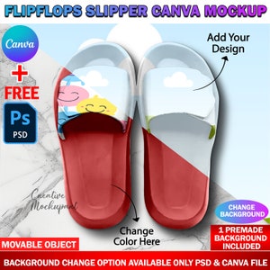 Canva フリップフロップ スリッパ モックアップ、スライダー サンダル モックアップ、スマート Canva フレームと Photoshop PSD で独自のデザインと背景を挿入