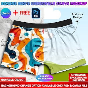 Canva Herenondergoed Mockup, Polyester Boxer Mockup, Slips Mockup, Ontwerp en achtergrond invoegen via Smart Canva Frame en PSD