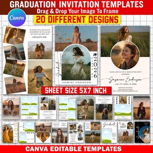 Peut inclure: Ensemble de modèles d'invitations de remise de diplômes avec divers designs. Les modèles présentent des photos de diplômés et incluent du texte tel que "Graduate 2026" et "Sheet Size 5x7 inch". Le logo Canva est visible.