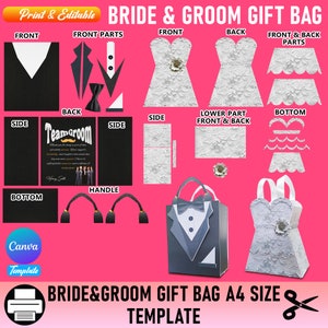 May include: Printable template for a bride and groom gift bag. The template includes a black tuxedo and a white wedding dress with lace details. The template is designed to be printed on A4 size paper.