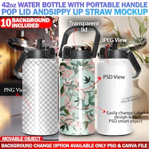 Botella de agua de 42 oz con sublimación de tinte con asa portátil, tapa desplegable y maqueta de pajita, diseño de inserción y fondo a través de marco de Canva y PSD