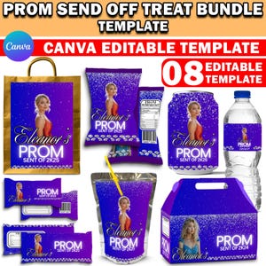 Prom Send Off Packaging Template Bundle, Blue Prom Send Off Treats, Personalized Editable Canva Party Bundle, Custom Water Labels, Chip Bag