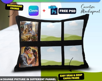 Maqueta de almohada de madera rectangular de 6 paneles de Canva con sublimación de tinte, maqueta de almohada de fotografía de 6 paneles, diseño de inserción y fondo a través del marco de Canva PSD