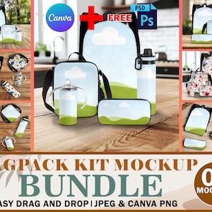 以下が含まれることがあります： バックパック、ランチバッグ、ペンケース、ウォーターボトルなど、さまざまなバックパックキットのモックアップバンドル。デザインは空と緑の風景が特徴です。画像には「BAGPACK KIT MOCKUP BUNDLE」と「05 MOCKUPS」の文字も含まれています。