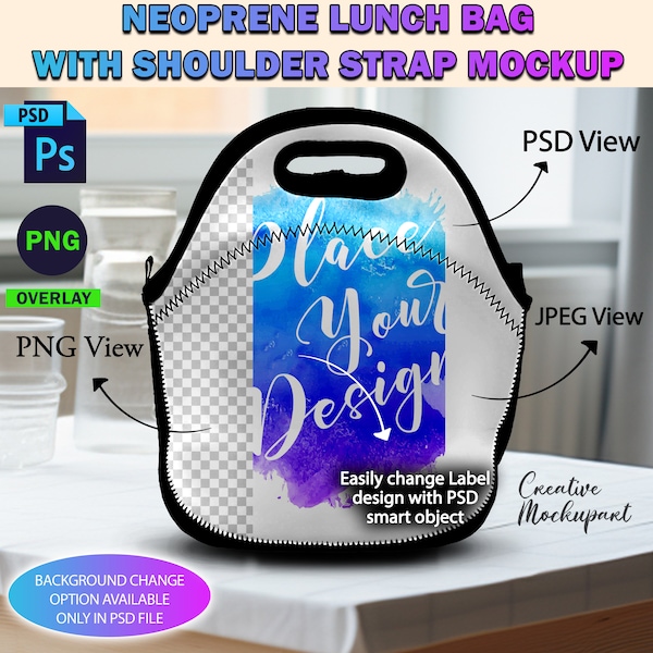 Dye Sublimation Neoprene Lunch Bag Mockup, Insert Design, Change Background Via Photoshop Smart PSD, Canva PNG & JPG, Lunch Tote Bag Mockup