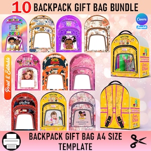 Lot de 10 sacs à dos, modèle sur toile pour boîte-cadeau avec sac à dos Insérer une image Modèle de boîte-cadeau pour la rentrée scolaire modifiable
