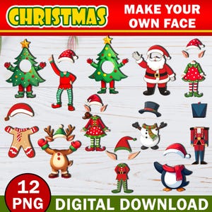 Christmas Add Your Own Photo Face Mega Bundle, DIY Elf, Santa Reindeer, Snowman Yourself PNG Bundle,  Elf Face Blank Kids Xmas Craft & Decor