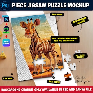 Dye Sublimation Puzzle Mockup, Jigsaw Puzzle Template, Insert Your Own Design & Background Via Smart Canva Frame And Photoshop PSD