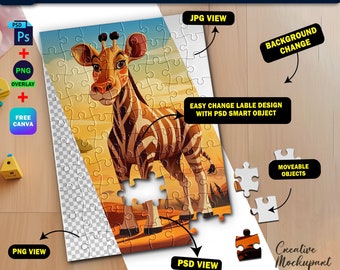 Maqueta de rompecabezas de sublimación de tinte, plantilla de rompecabezas, inserte su propio diseño y fondo a través de Smart Canva Frame y Photoshop PSD