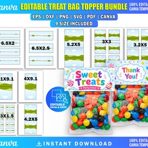Könnte beinhalten: Ein bearbeitbares Set von Tütenreitern für Leckereien mit verschiedenen Vorlagengrößen wie 6,5x2, 6,5x2,5, 5,2x5, 3x3, 5,1x9,1, 4x9,1, 3x1,5 und 4,2x5 Zoll. Enthält zwei durchsichtige Plastiktüten mit bunten runden Bonbons und beschrifteten Reitern.