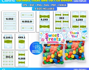 May include: An editable treat bag topper bundle featuring various template sizes including 6.5x2, 6.5x2.5, 5.2x5, 3x3, 5.1x9.1, 4x9.1, 3x1.5, and 4.2x5 inches. Includes two clear plastic bags filled with colorful round candies topped with Sweet Treats and Thank You labels.