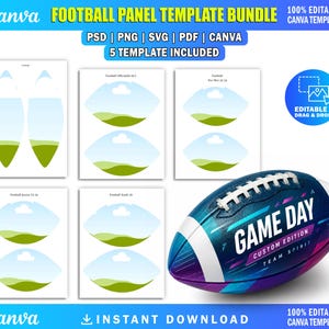 May include: A digital football panel template bundle featuring five editable designs in PSD, PNG, SVG, and PDF formats. The image displays five white sheets with blue and green landscape graphics and a blue and purple football with the text GAME DAY.
