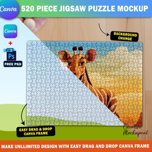 Canva 520 Piece Puzzle Mockup For Sublimation, Jigsaw Puzzle Template, Insert Design & Background Via Smart Canva Frame And Photoshop PSD