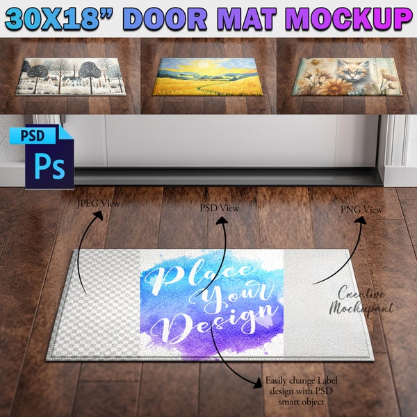 30x18 Inch Door Mat Mockup | Indoor Rug Mockup, Entryway Mat Mockup, Floor Mat Mock up | Insert Design Via Photoshop Smart PSD, Canva PNG