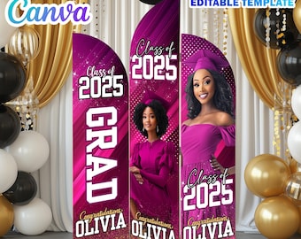 Könnte beinhalten: Drei rosa und violette Abschlussbanner mit goldenen Glitzerakzenten. Die Banner zeigen den Text "Class of 2025" und "GRAD". Das mittlere Banner zeigt ein Foto einer Frau in einer Abschlusscap und -robe. Die Banner enthalten auch den Text "Congratulations Olivia".